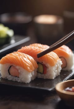 The person is enjoying California roll sushi with chopsticks on a plate, savoring the fresh ingredients and flavors of this delicious cuisine dish