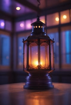 A wooden lantern with an amber candle inside is suspended from the ceiling, casting a warm glow and emitting heat in the room