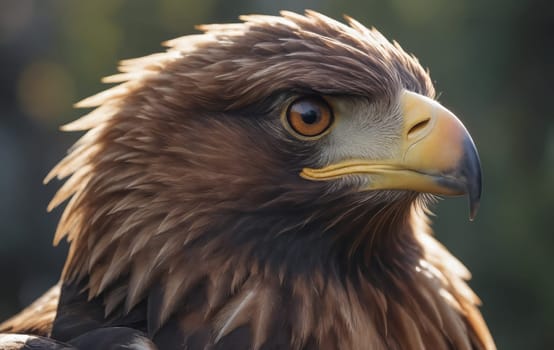 A close up of a majestic golden eagles head, a member of the Accipitridae family and a powerful bird of prey in the Falconiformes order, with a stunning mountain backdrop