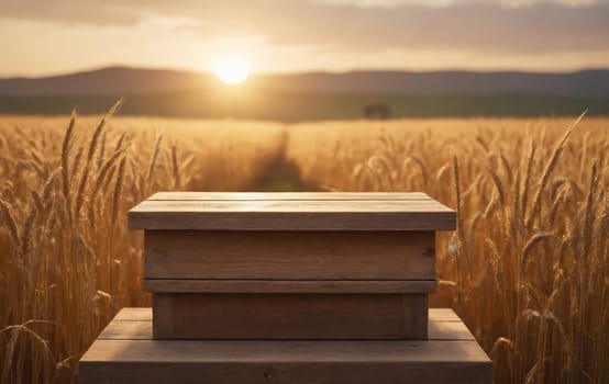 A rectangular wooden table is placed in the middle of a wheat field at sunset, surrounded by tall grass and with the horizon in the background