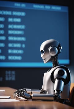 A robot is stationed at a desk with a computer monitor, keyboard, and other office supplies. It is equipped with audio equipment and other technology