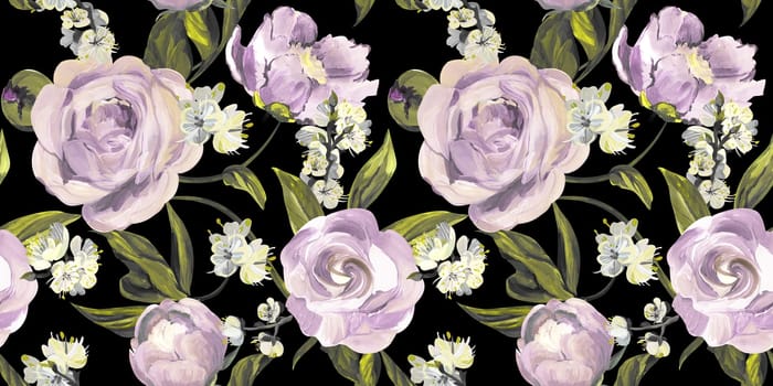 Spring seamless pattern with rose flowers and sakura blossoms for delicate home design feminine decor