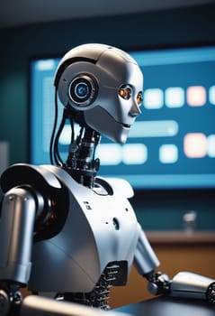 A robot is sitting at a desk in a classroom, equipped with a display device and audio equipment. It is wearing personal protective equipment, resembling a fictional character, engaging in recreation