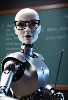 A robot wearing glasses is positioned in front of a blackboard, showcasing Vision care and Eyewear. The futuristic machine serves as both a fictional character and a fashion accessory