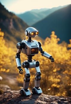 A robot is standing in front of a majestic mountain, under a beautiful sky. Its automotive lighting illuminates the landscape. The machine resembles a toy vehicle in this stunning setting