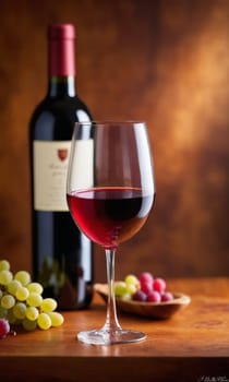 Glass of red wine and bunch of grapes on wooden table against bokeh background.