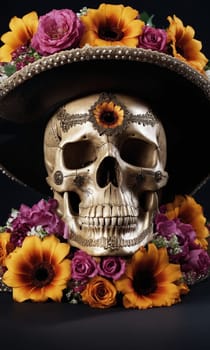 Skull with flowers and sombrero on a black background