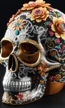 Mexican sugar skull with floral pattern on black background, closeup.