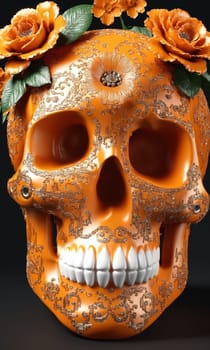 Day of the Dead skull with orange flowers and leaves on black background.