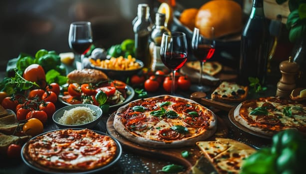Assorted Italian food set on table.