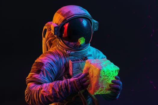 An astronaut holding a cubic artifact, Pop art concept, Generative AI.