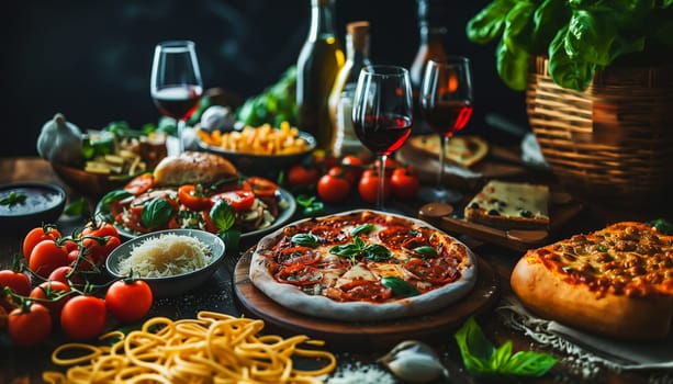 Assorted Italian food set on table.