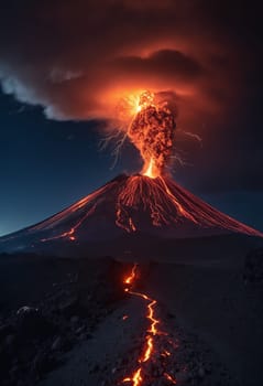 Strong volcanic eruption at night.