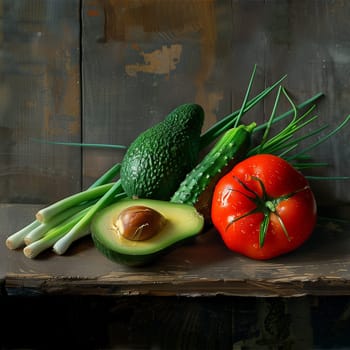 Ripe tomatoes, sliced cucumber, avocado and vibrant green onions are laid out on a rustic wooden table, showcasing the fresh produce.