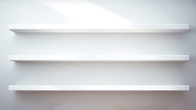 shelf bookshelf clean display on white wall, ai