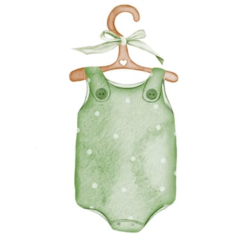 Baby clothes watercolor. Children's bodysuit hand drawing isolated on white background. Clip art romper in pastel colors on a wooden hanger with a bow. For the design of children's cards and baby shower invitations. High quality illustration