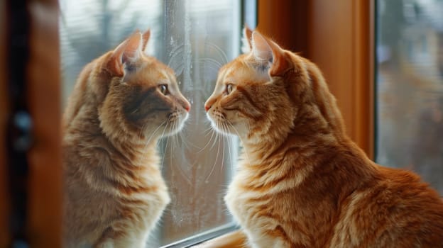 A cat looking at itself in a window reflection