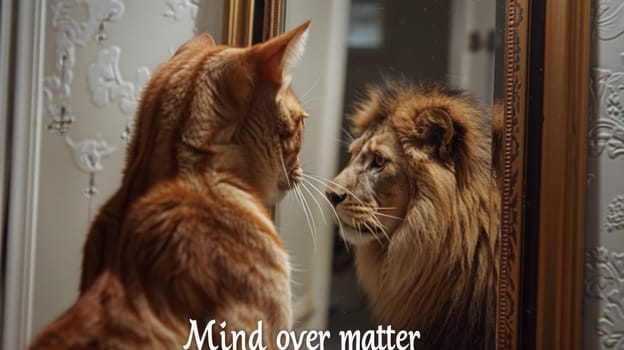 A cat looking at a lion in the mirror