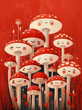A cluster of mushrooms with cheerful faces sprouting in the grass. The vibrant red caps glow in the light, creating a whimsical art event in the garden