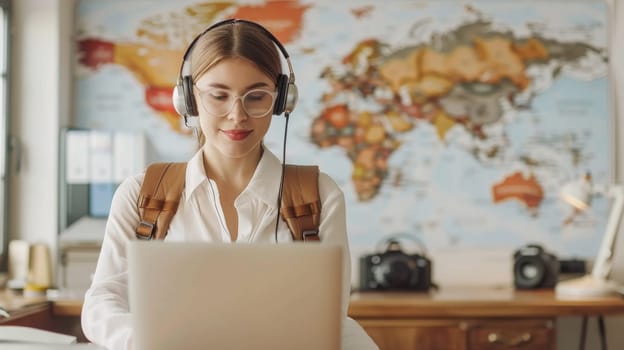 A woman with headphones and a laptop in front of her