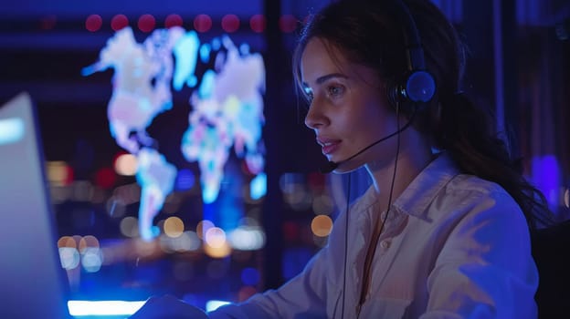 A woman in a headset working on her computer at night