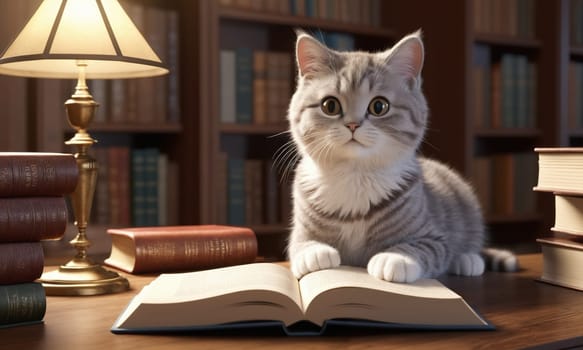 Cute cat reading books on a wooden table in the library, close-up