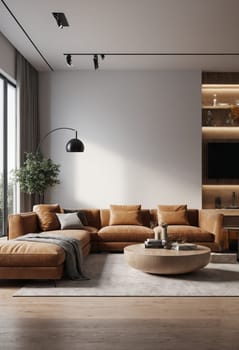 interior of modern bright living room with grey sofa 3d render.