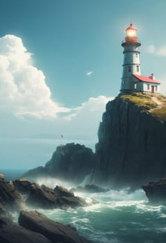 Lighthouse on a cliff in the middle of the ocean. Vintage style