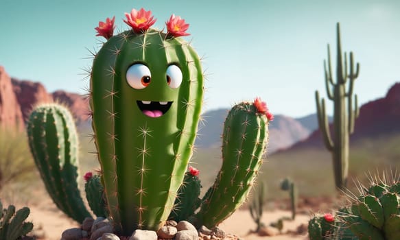 Smiling cactus in the desert with blue sky. 3D rendering