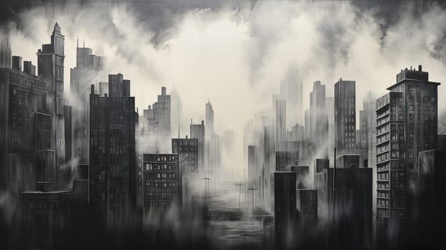 Industrial city with a skyscrapers, shrouded in a smoky, charcoal atmosphere, the angular forms of buildings creating a dynamic composition