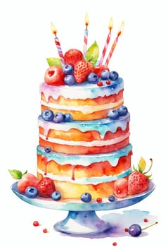 Watercolor illustration of a birthday cake with berries and cherries