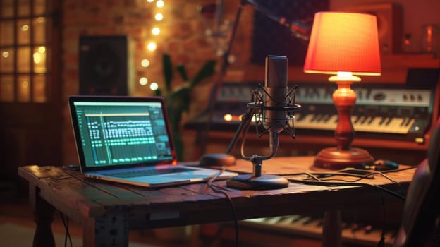 A laptop computer sitting on a table with an amplifier and microphone