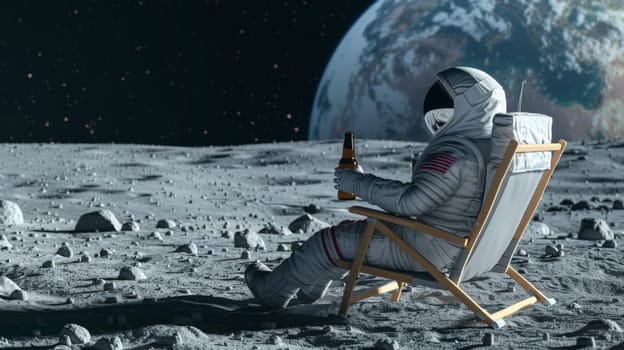 A man in an astronaut suit sitting on the moon holding a beer