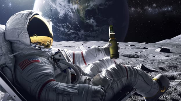 A man in space holding a beer and sitting on the moon