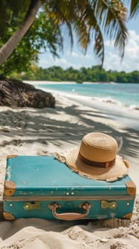 A hat on a suitcase sitting in the sand near water