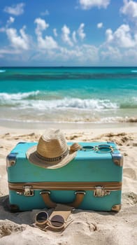 A suitcase, hat and sunglasses on the beach near a blue ocean