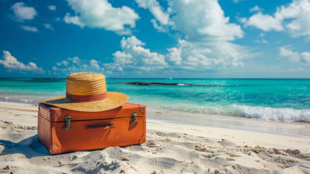 A hat on a suitcase sitting in the sand next to water