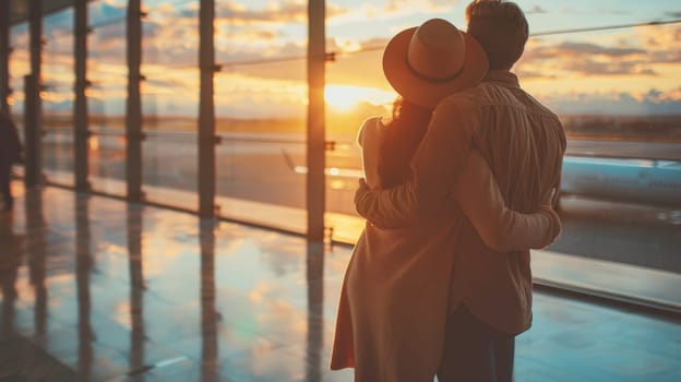 A couple embracing at an airport terminal window with a view of the sky