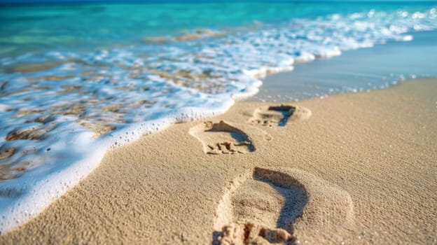 A beach with footprints in the sand and waves crashing on shore