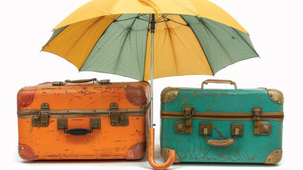 Two colorful suitcases with an umbrella sitting next to each other