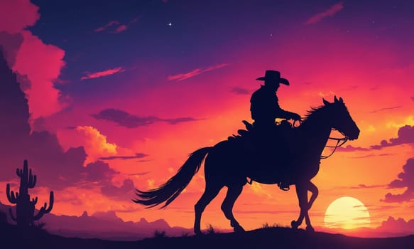 A cowboy is riding his trusty horse through the desert at dusk, under a colorful sunset sky filled with fluffy clouds