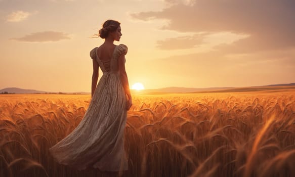 A woman in a flowing white dress stands gracefully in a wheat field at sunset, surrounded by golden grassland. The sky is painted with clouds, creating a picturesque natural landscape