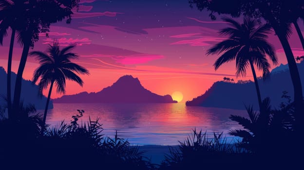 A sunset over a tropical island with palm trees and water