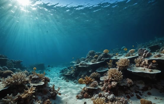 The fluid sunlight filters through the water over a vibrant coral reef, creating a breathtaking underwater landscape in coastal and oceanic landforms