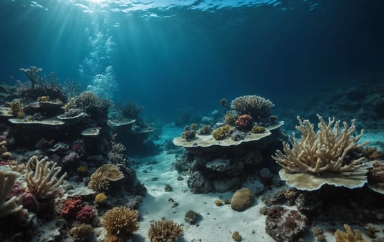 The fluid sunlight filters through the water over a vibrant coral reef, creating a breathtaking underwater landscape in coastal and oceanic landforms