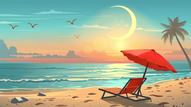 A beach scene with a red umbrella and chair under the moon