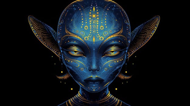 A blue alien with gold and black paint on its face