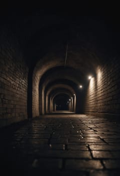 Experience a hypnotic journey through an illuminated tunnel. The side lights, overexposed, appear to guide the way on the slightly wet asphalt floor.