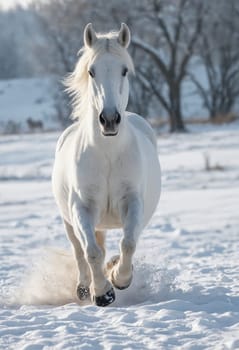 This photograph encapsulates the elegance of a white horse taking a leisure stroll in the heart of winter, harmonizing beautifully with the pristine snow around.