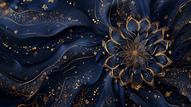 A close up of a blue flower with gold and black designs